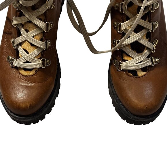 Steve Madden Brown Leather & Cow Hair Hiking Boots With Leopard Print Tongue - Picture 10 of 12